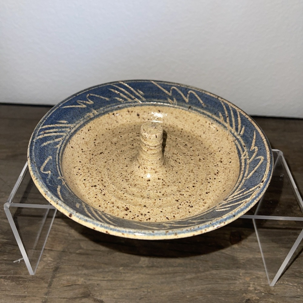 Vintage Studio Pottery Ring Holder Dish Signed Ceramic Stoneware Blue Beige